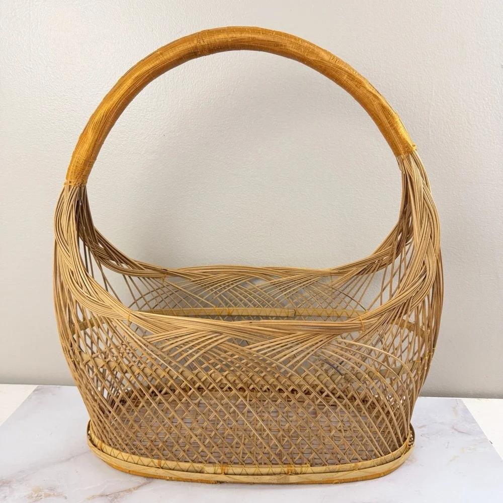 Vintage Japanese Bamboo Basket Open Weave Handle Wabi Sabi Boho Rustic Decor